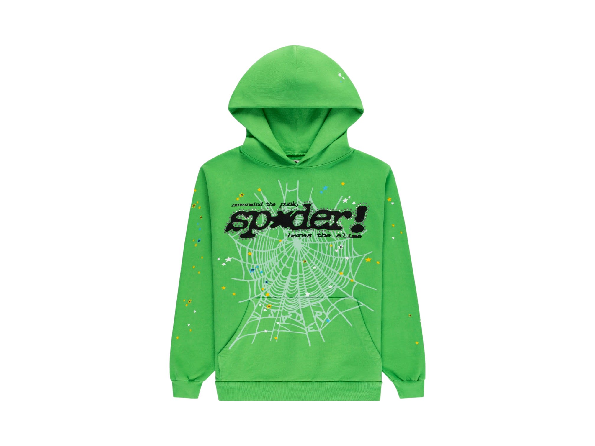 Sp5der Punk V2 Rhinestone Hoodie Bright Green