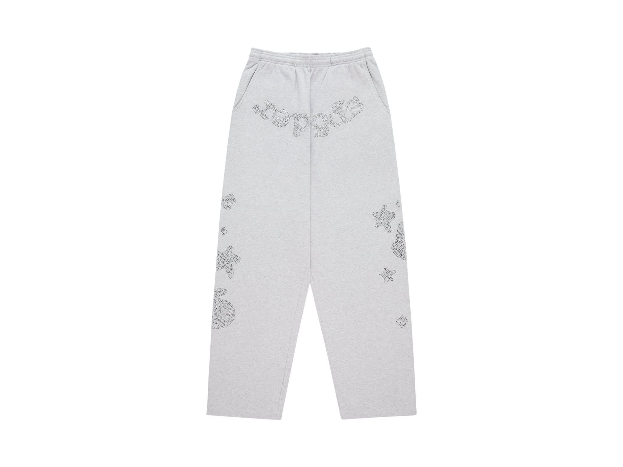 Sp5der Rhinestone Beluga V2 Wide Leg Sweatpants Heather Grey