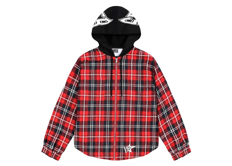 Sp5der Hooded Zip Flannel Shirt Jacket Red Plaid