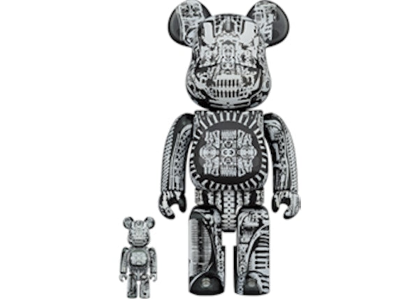 Juego Bearbrick HR GIGER 100% y 400% Cromado negro